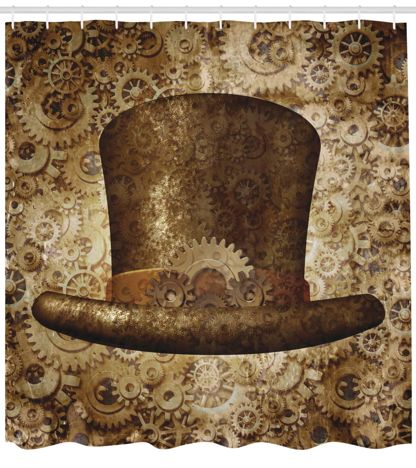 Ambesonne Victorian Shower Curtain, Steampunk Hat Fantasy Science Fiction Concept Futuristic Gears Cogs Print, Cloth Fabric Bathroom Decor Set with Hooks, 69" W x 84" L, Sand Brown