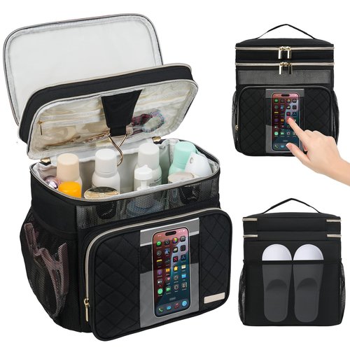 Jaffzora Large Toiletry Bag for Women Men, Portable Shower Caddy College Dorm Essentials, 2 Layers Quickly Dry Mesh Bathroom Tote Bag, Hanging Makeup Organizer Bag for Travel, Gym, Camping (Black)