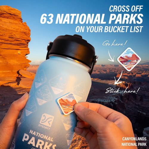 DYSANKY National Parks Water Bottle – 32 oz Insulated Stainless Steel Water Jug with 64 Park Stickers, Outdoor Accessories & Gift Box – BPA-Free – Ideal for Hiking, Camping & Travel