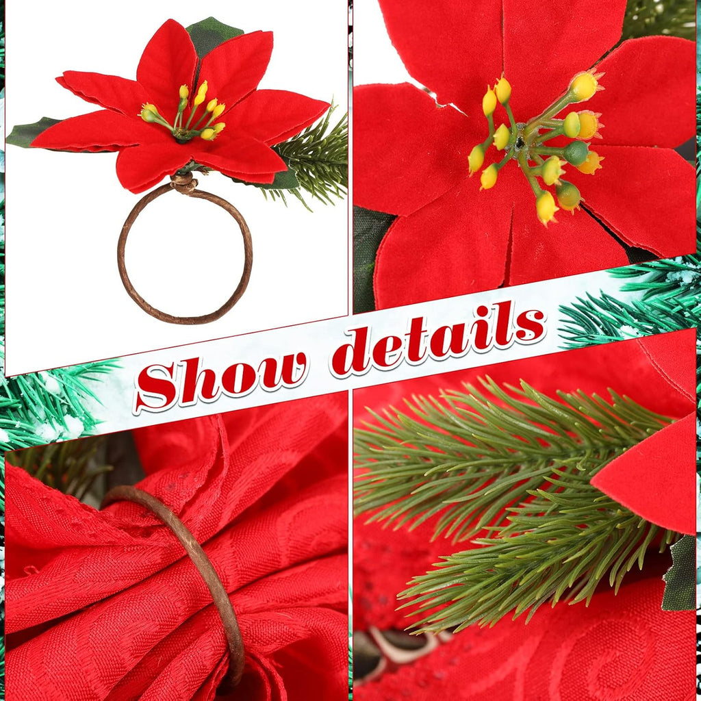 Skiennix Christmas Napkin Rings - 6-Piece Rustic Pine Cone & Poinsettia Set for Holiday Decor