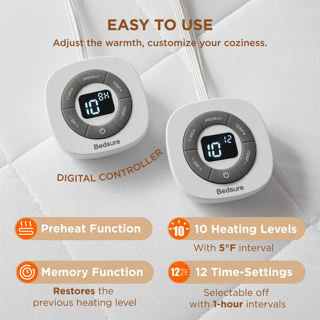 Bedsure Heated Mattress Pad Queen - Bed Warmer with Memory & Preheat Functions, 12-Hour Auto Off & 10 Heat Settings, Dual Controllers, Fast Heating, Brushed Electric Mattress Pad Queen, 60"x80"