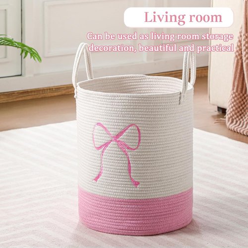 Honeydak Pink Laundry Basket - Coquette Cotton Rope Hamper for Girls | 15 x 17.7 Inches Storage Solution for Toys & Clothes
