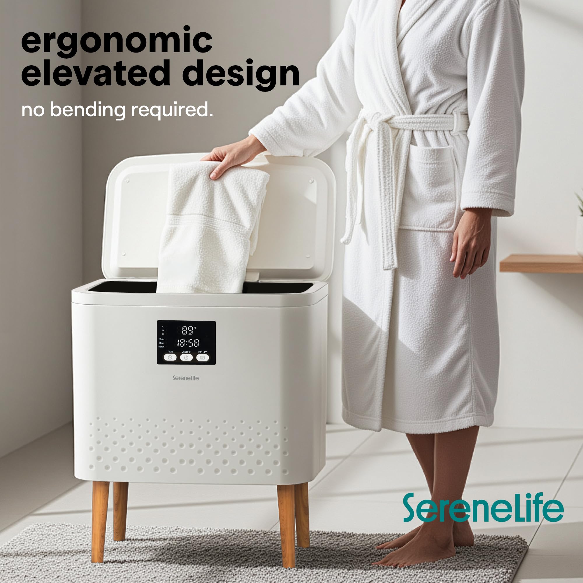 SereneLife Rectangular Towel Warmer Bucket, Large Capacity Blanket and Towel Warmer for Bathroom, Single-Touch Control, Energy-Efficient Design with Auto Shut-Off, 20L Capacity, White
