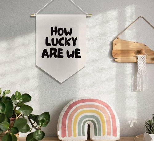 DSHFG How Lucky Are We Banner Playroom Wall Art Decor for Kids Boys Room Nursery Playroom Decor Hanging, Cute Play Room Decorations, 15x11in