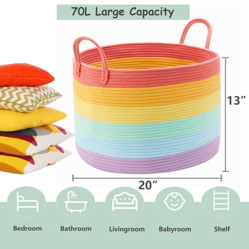 ENAORGAN 70L Rainbow Storage Basket for Blankets in Living Room Baby Kids Woven Rope Toy Basket for Laundry Nursery Hamper Extra Large
