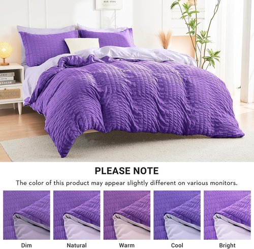 HYMOKEGE California King Comforter Set - Dark Purple & Lavender Seersucker | 7-Piece All-Season Luxury Bedding