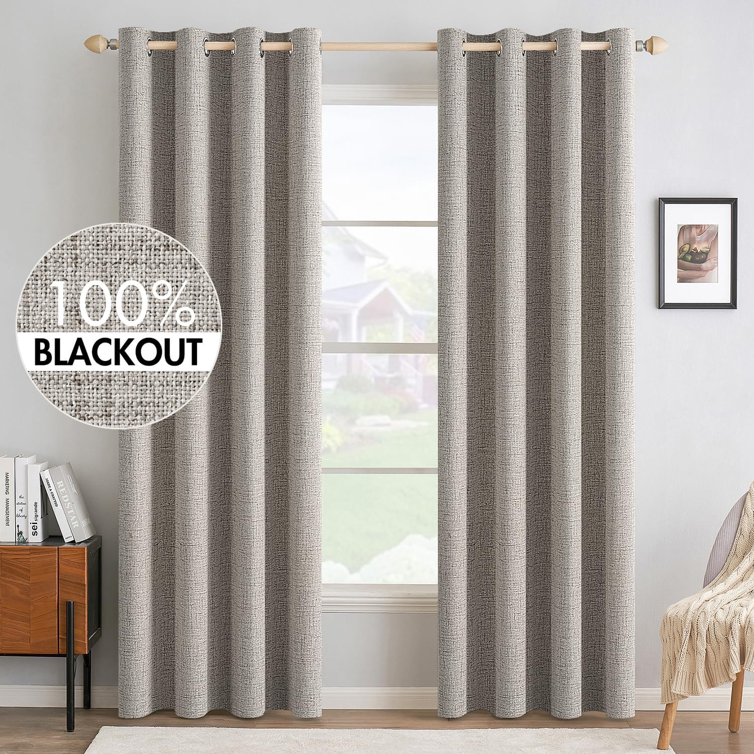 MIULEE 100% Blackout Linen Textured Curtains - Thermal Insulated Room Darkening Drapes | Warm Taupe, 52 x 96 Inch (2 Panels)