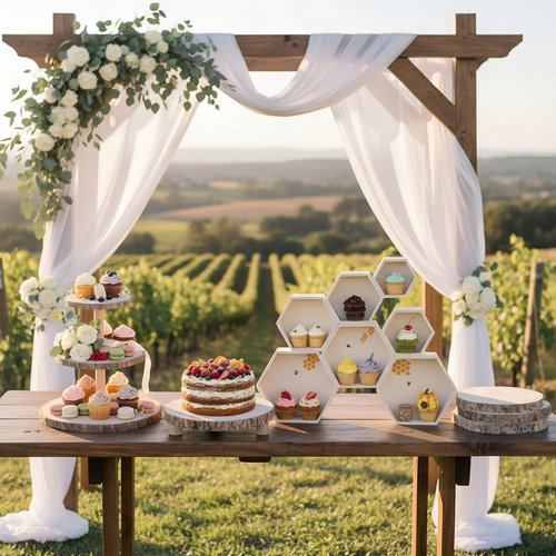 CroBlissful 12 Pcs Wooden Rustic Cake Stand Set, 7 Pcs Honeycomb Cupcake Stand, 3-Tier and Single-Tier Wooden Cupcake Tower, 4 Wood Slices Tray, Suitable for Wedding Tea Party Forest Theme Tables