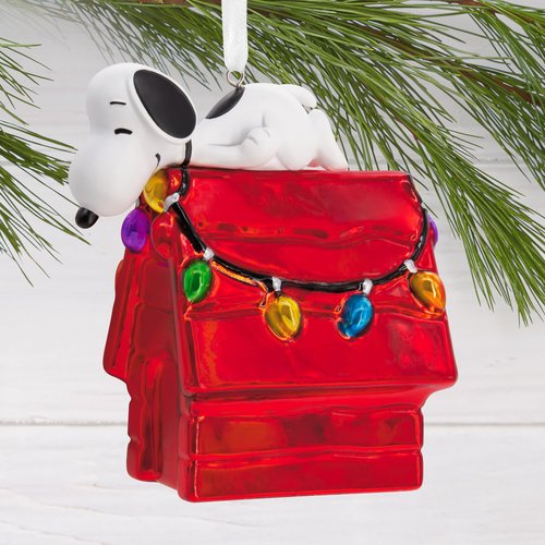 Hallmark Peanuts Snoopy on Holiday Doghouse Christmas Ornament, Blown Glass