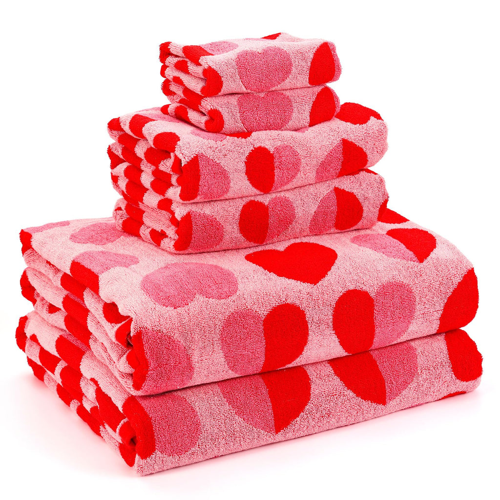 Whaline Valentine's Day Bath Towels Set of 6 Jacquard Cotton Bathroom Towel Red Pink Heart Hand Towel Wash Cloth for Holiday Hand Drying Shower Supplies