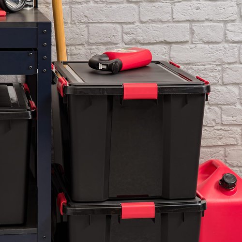 IRIS USA WeatherPro 74 Qt Storage Bins - BPA-Free Plastic with Tight Seal & Latch | 4 Pack - Black/Red