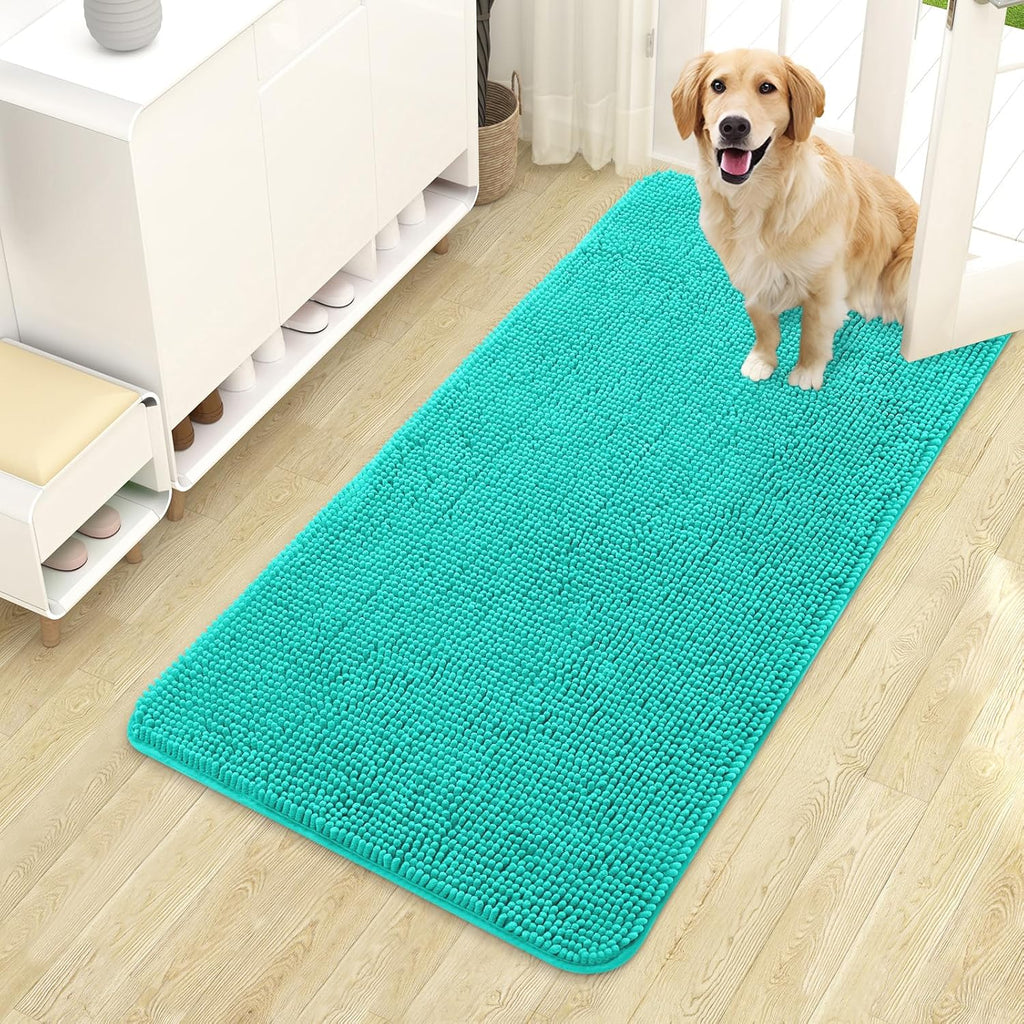 OLANLY Dog Door Mat - Absorbent Non-Slip Mud Mat for Muddy Paws | Quick Dry Chenille, 44x24, Teal