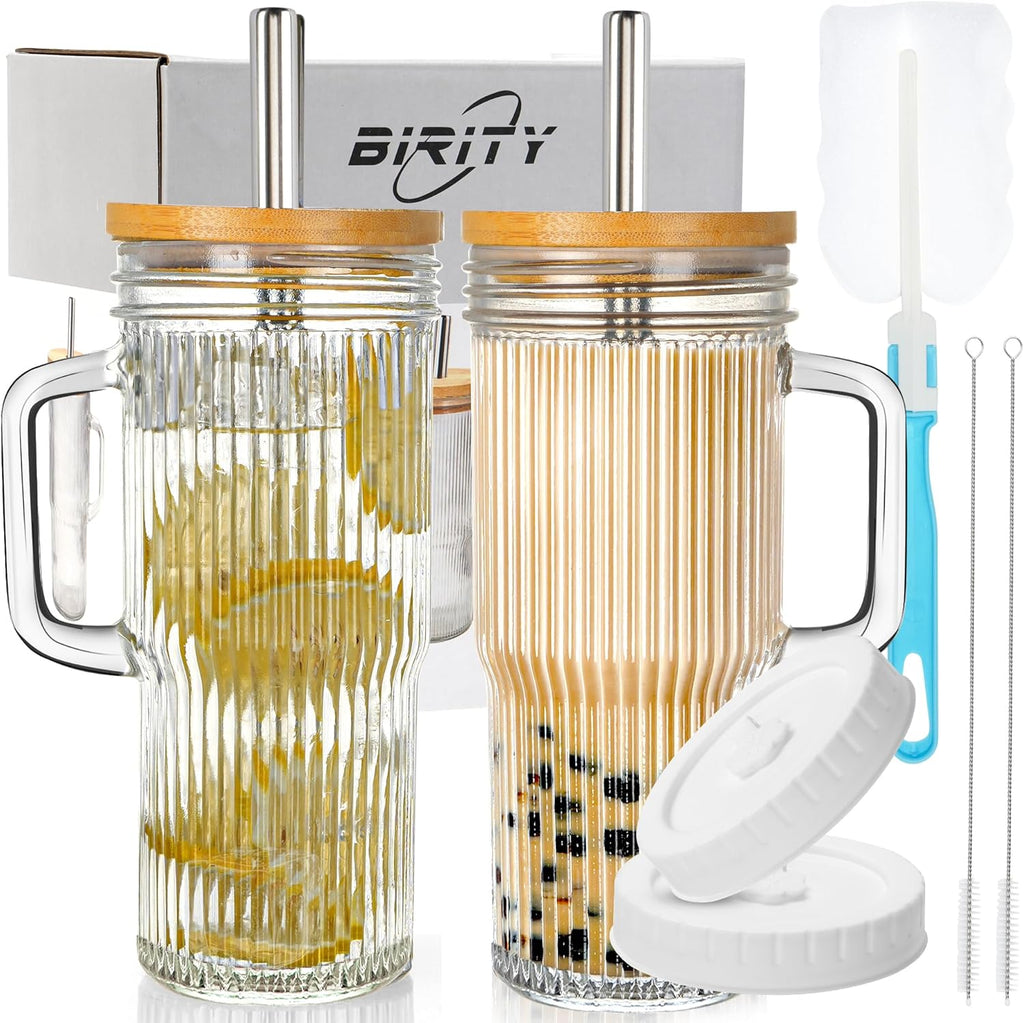 Birity 24oz Ribbed Glass Cup Set - Reusable Tumbler with Lids & Straws | Perfect for Iced Coffee, Smoothies & More