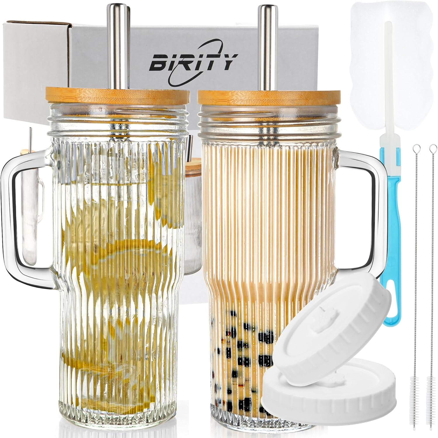 Birity 24oz Ribbed Glass Cup Set - Reusable Tumbler with Lids & Straws | Perfect for Iced Coffee, Smoothies & More