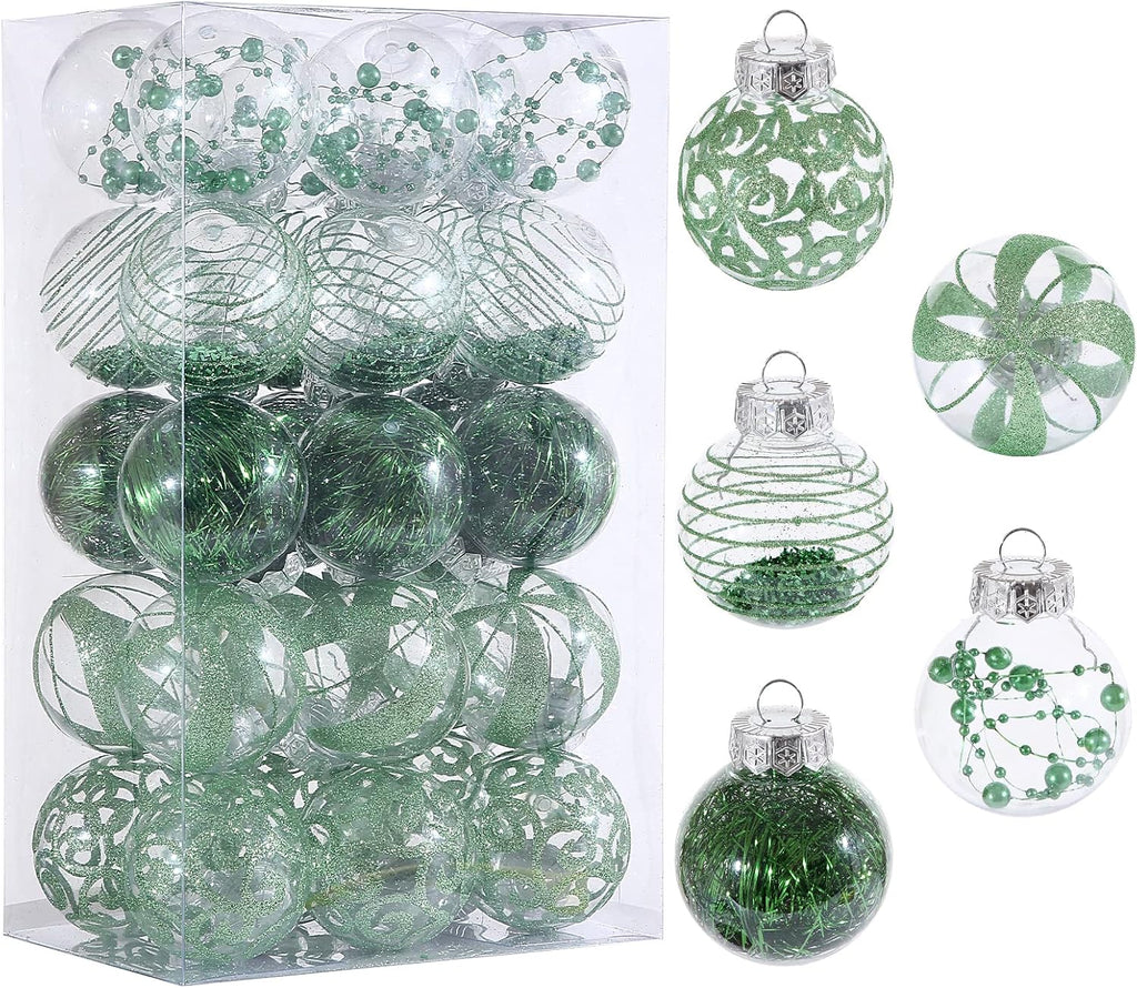 Skiennix Christmas Ornaments Set - 30pcs Shatterproof Green & Clear Baubles for Holiday Decor | 60MM