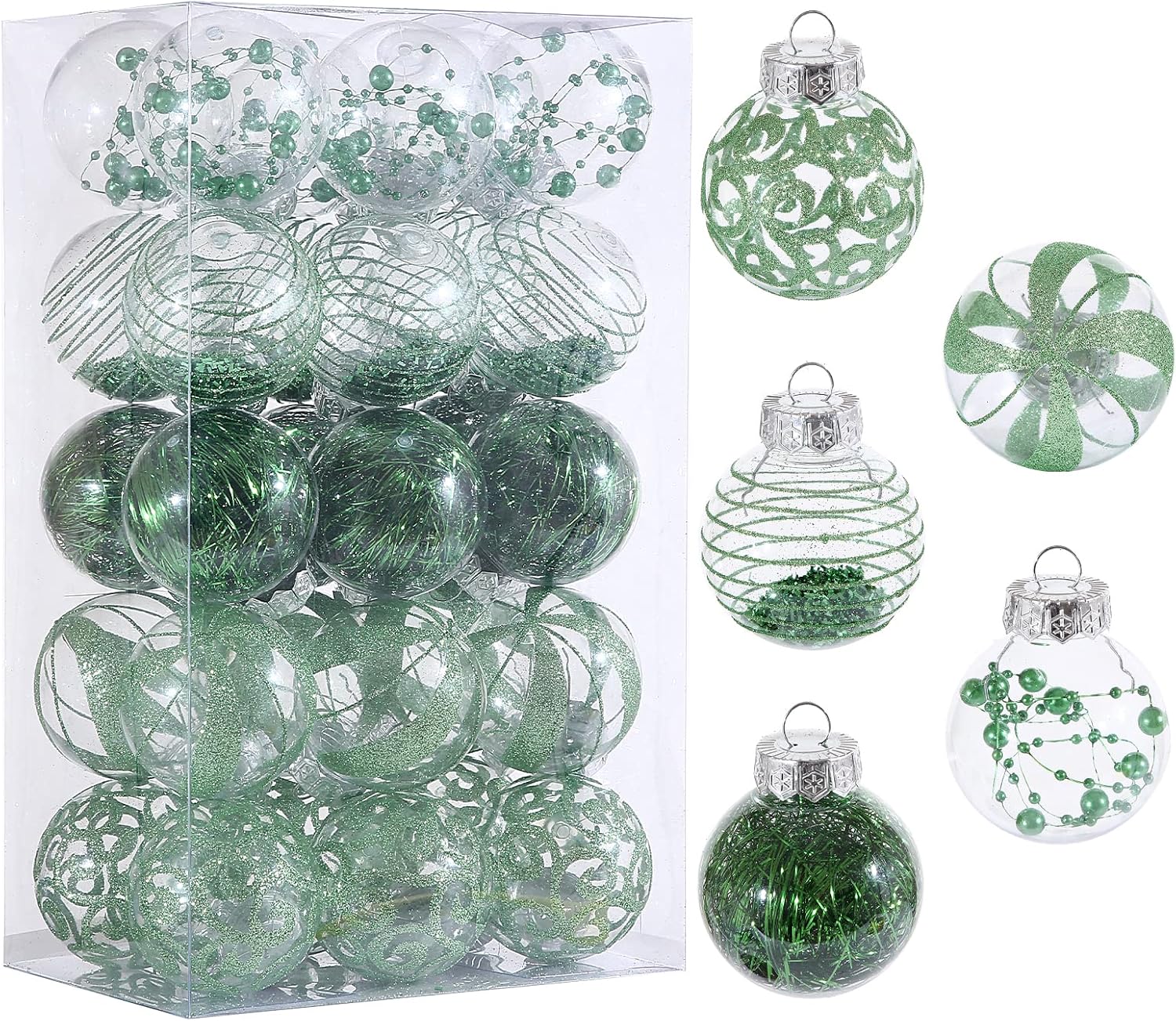 Skiennix Christmas Ornaments Set - 30pcs Shatterproof Green & Clear Baubles for Holiday Decor | 60MM