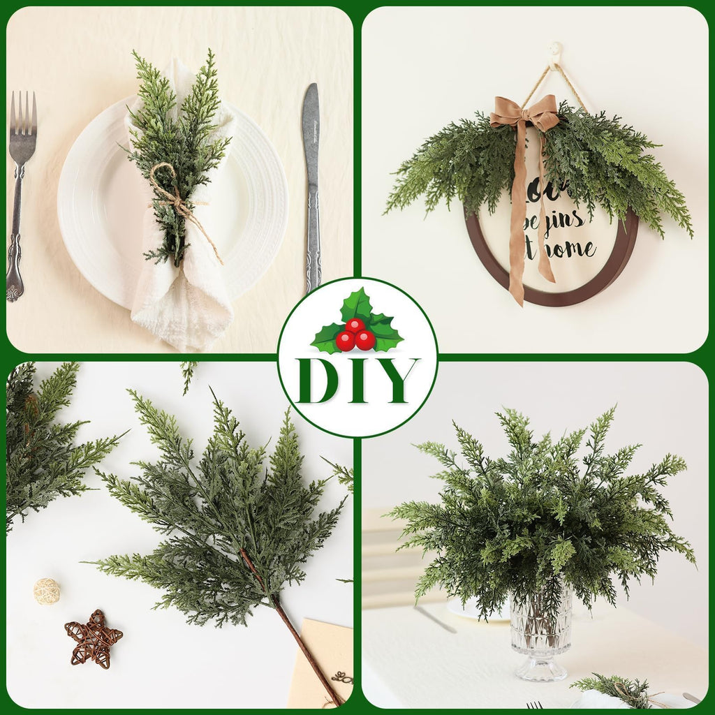 Juxdp Real Touch Christmas Cedar Branches-18 Inches, Artificial Cedar Branch Faux Greenery Plants Stem Fake Pine Picks for Vase DIY Crafts Garland Wreath Xmas Indoor Outdoor Decor (12 Pcs)