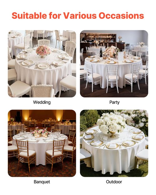 VEVOR White Round Tablecloths 6 Pack, 120 Inches in Diameter, Stain- & Wrinkle- Resistant, Machine Washable Table Clothes, Polyester Fabric Table Covers for Wedding, Party, Banquet, Formal Events