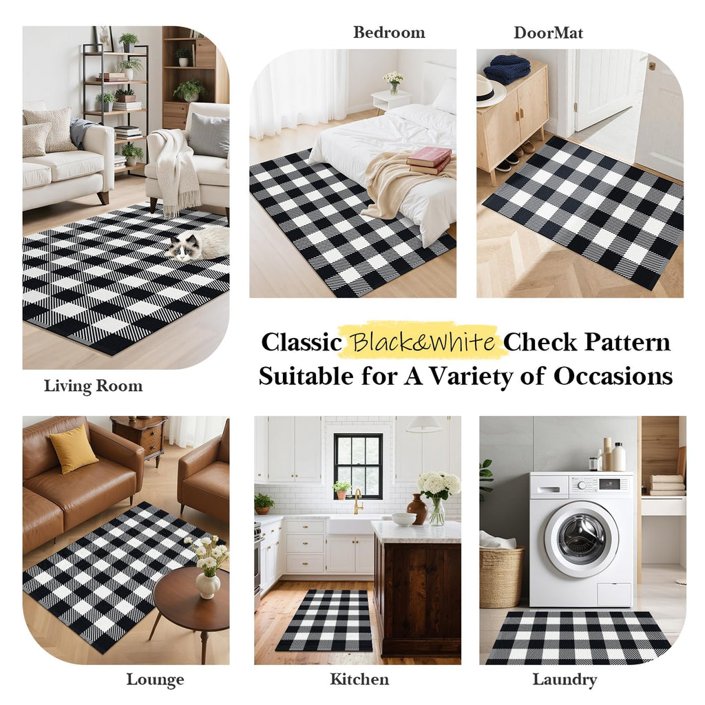 SofterCharm Area Rug, 2’4’’ x 3’7’’ Black and White Checkered Rug Plaid Outdoor Rugs, Soft Machine Washable Cotton Woven Welcome Mat Area Rugs for Home Decor, Bedroom, Doormat, Balcony, Porch, Patio