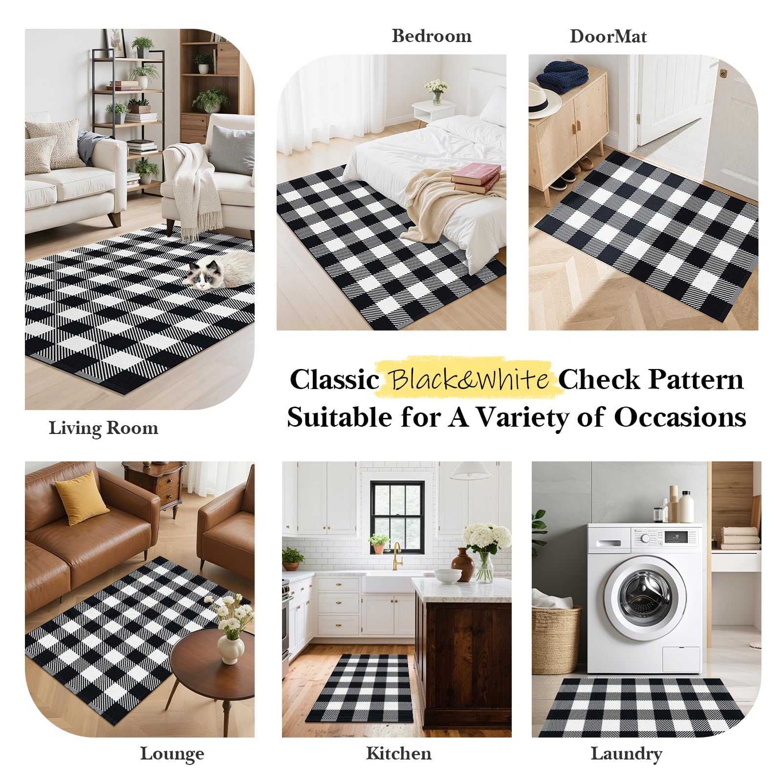 SofterCharm Area Rug, 2’4’’ x 3’7’’ Black and White Checkered Rug Plaid Outdoor Rugs, Soft Machine Washable Cotton Woven Welcome Mat Area Rugs for Home Decor, Bedroom, Doormat, Balcony, Porch, Patio