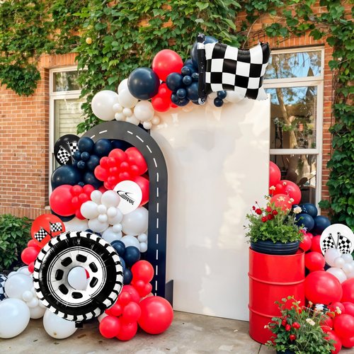 Race Car Balloons with Checkered Flag and Tire Balloons, Red Black White Latex Balloons for Men Boy First Birthday Racing Theme Party Decorations Baby Shower Backdrop Supplies