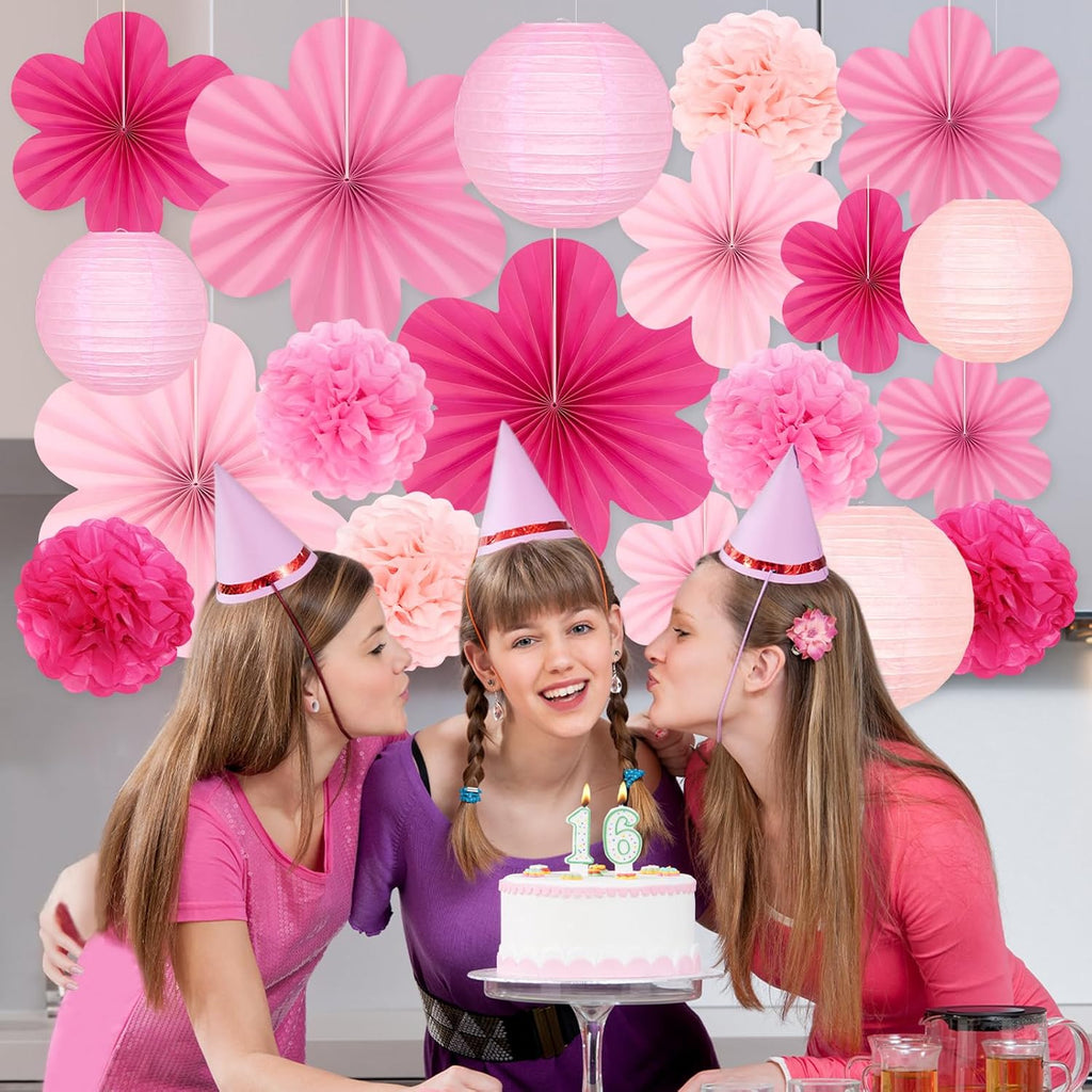 Skiennix 19 Pcs Pink Party Decorations - Light Hot Pink Hanging Lanterns & Tissue Pom Poms for Birthdays & Weddings