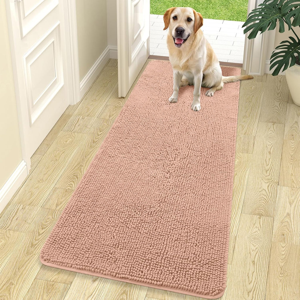 OLANLY Dog Door Mat - Absorbent Non-Slip Chenille Mat for Muddy Paws | 70x24 Inches, Quick Dry, Peach