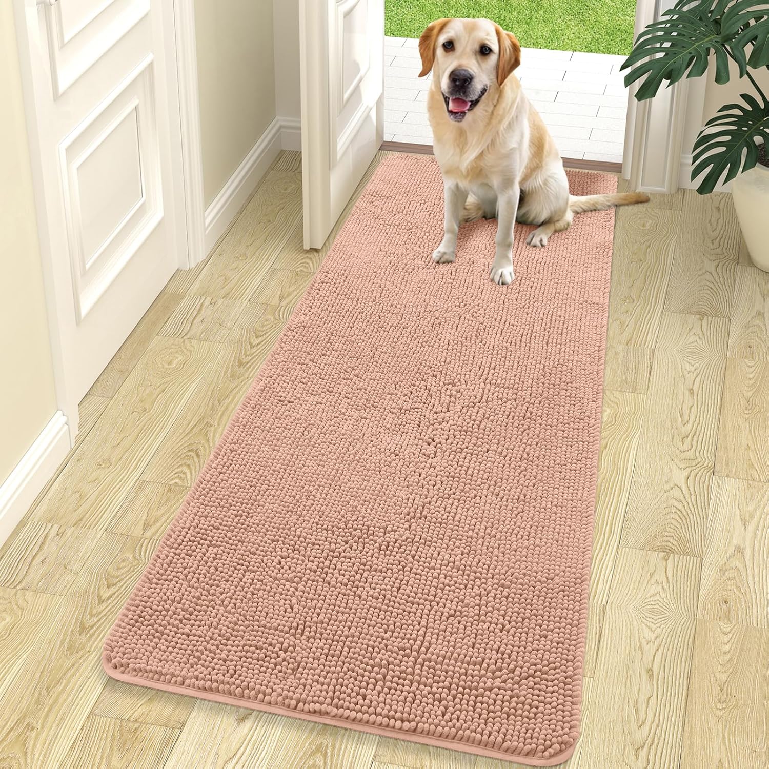 OLANLY Dog Door Mat - Absorbent Non-Slip Chenille Mat for Muddy Paws | 70x24 Inches, Quick Dry, Peach