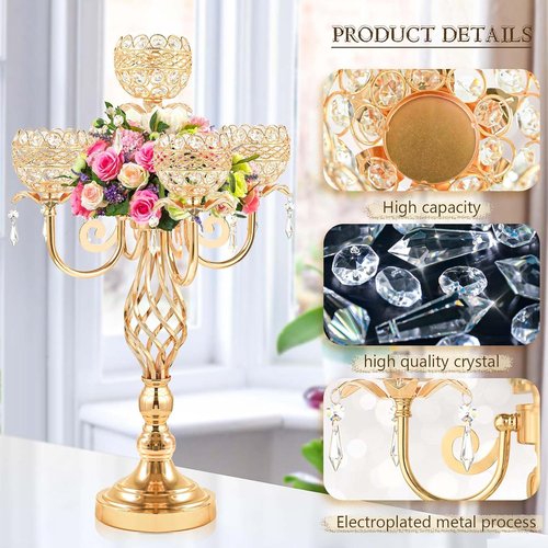 Elegant 5-Arm Candelabra Centerpiece - 23.6 Inch Tall with Crystal Pendants for Weddings & Home Decor