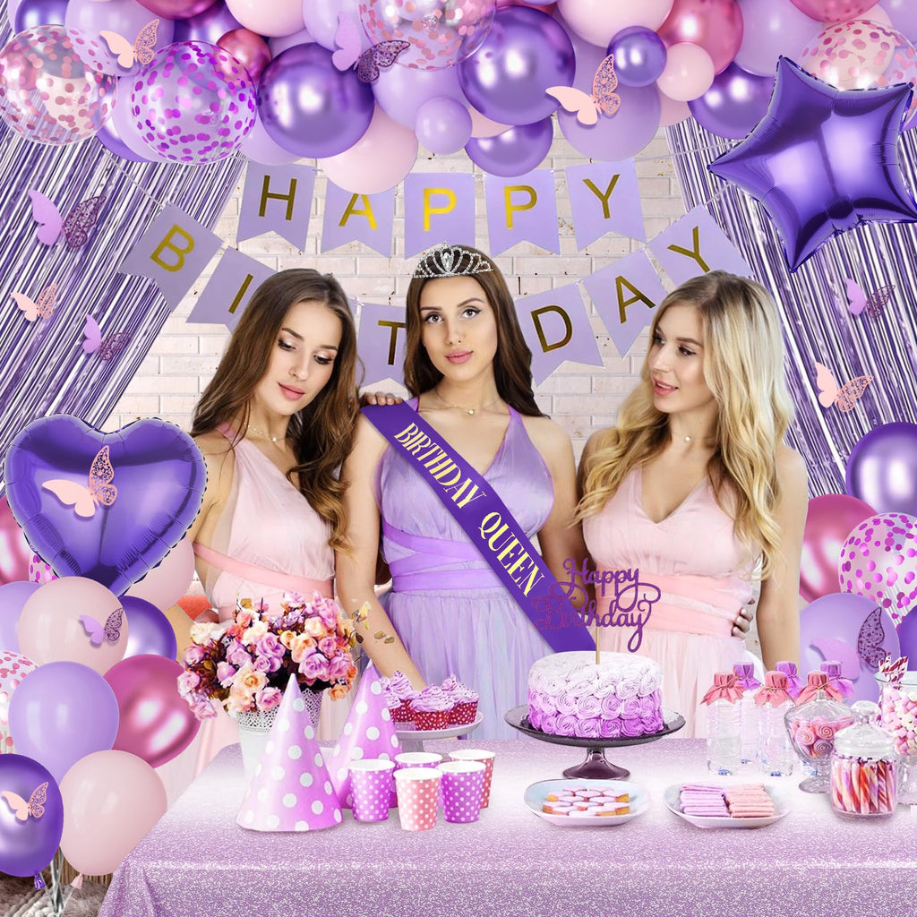 Amandir Purple Birthday Decorations for Women, Pastel Pink and Purple Balloons Foil Table Cloth Sash Crown Fringe Curtains Happy Birthday Banner Circle Garland Butterfly Cake Topper Party Supplies