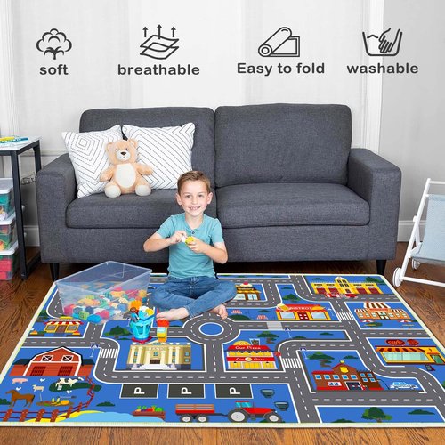 Xyrjova Play Mat Kids Rug for Boys and Girls, 31x47in Non-Slip Playroom Rug Car Rugs for Kids Toy Cars Kid Classroom Road Rugs for Kid