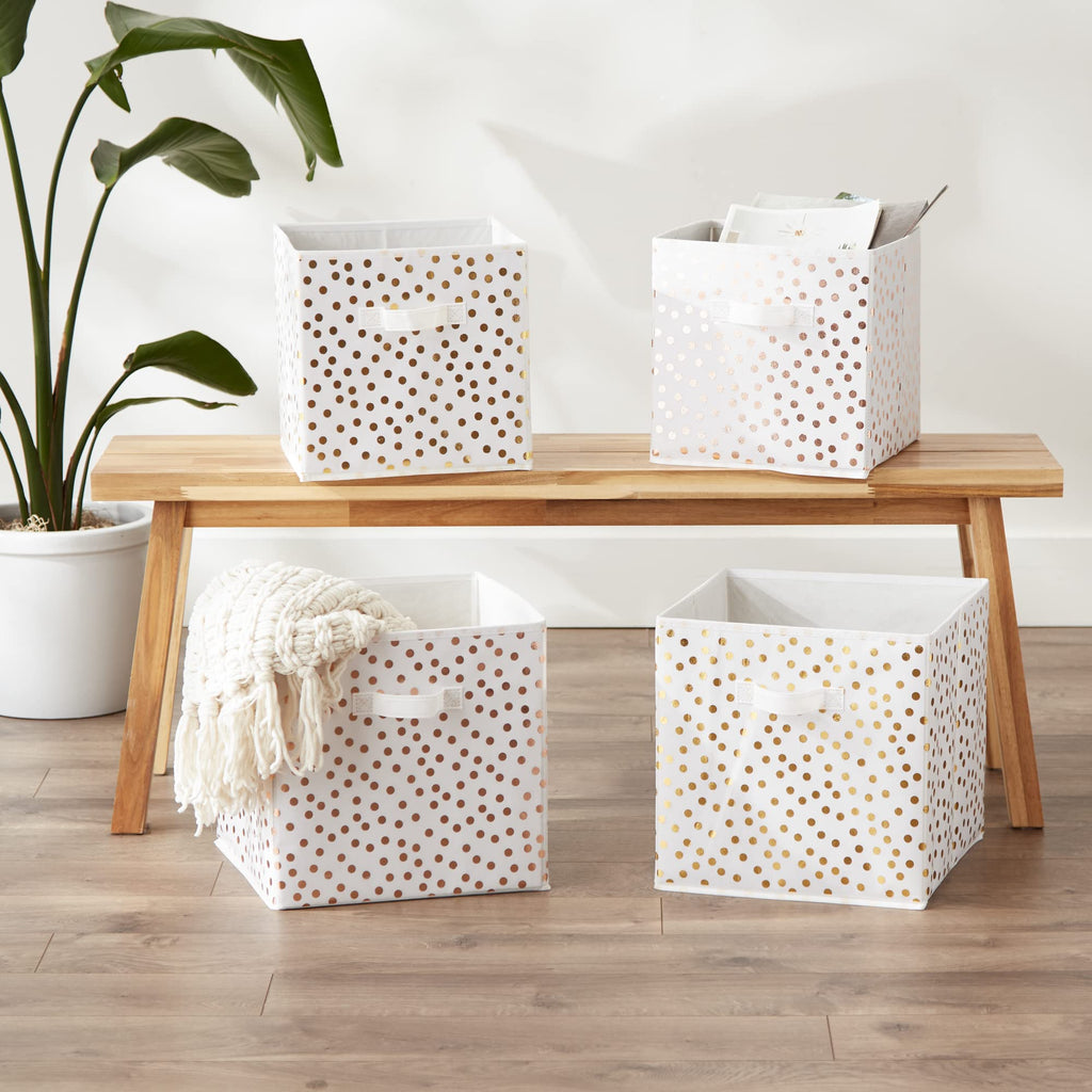 DII Non Woven Polyester Storage Bin, Polka Dot, White & Gold, Small Set of 4