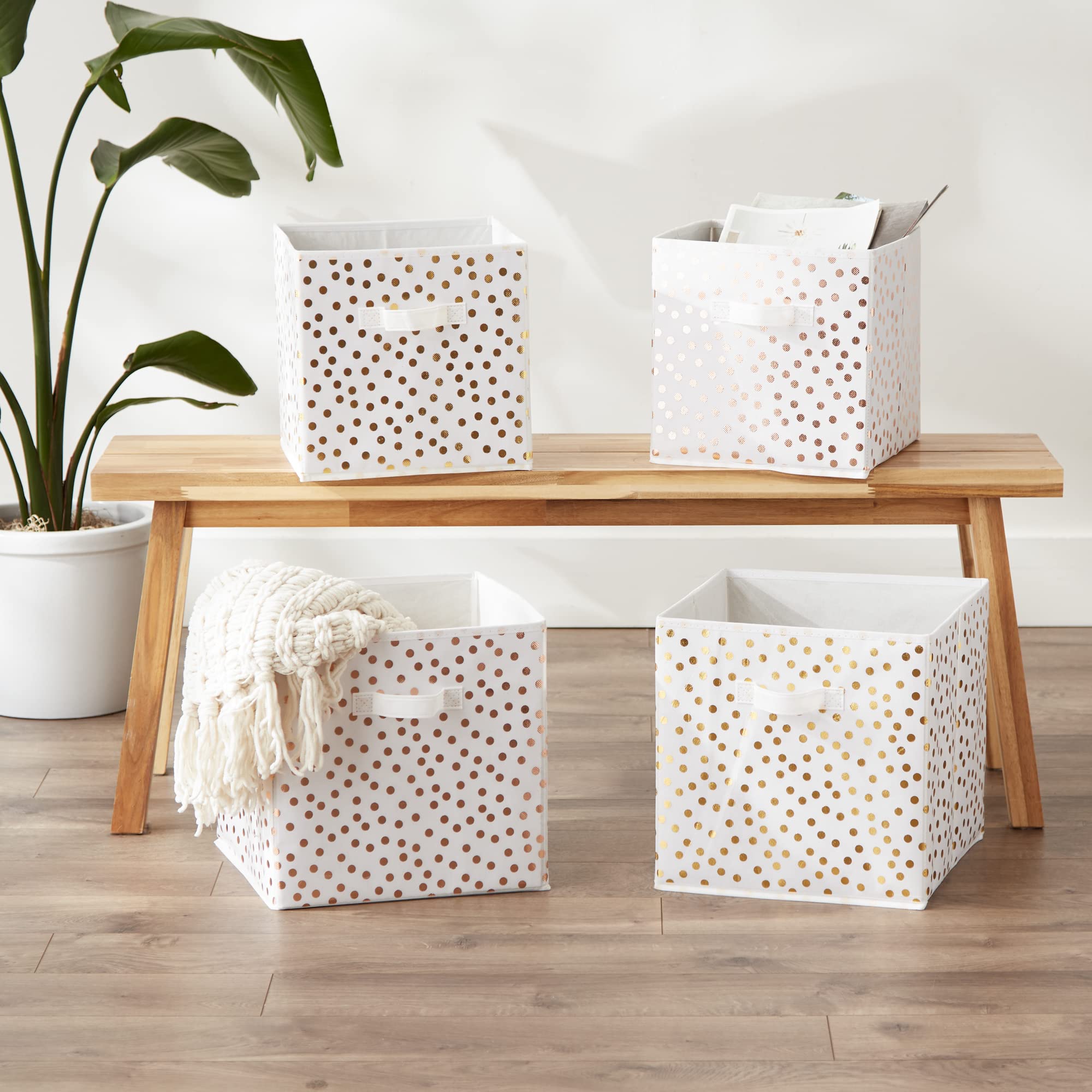 DII Non Woven Polyester Storage Bin, Polka Dot, White & Gold, Small Set of 4