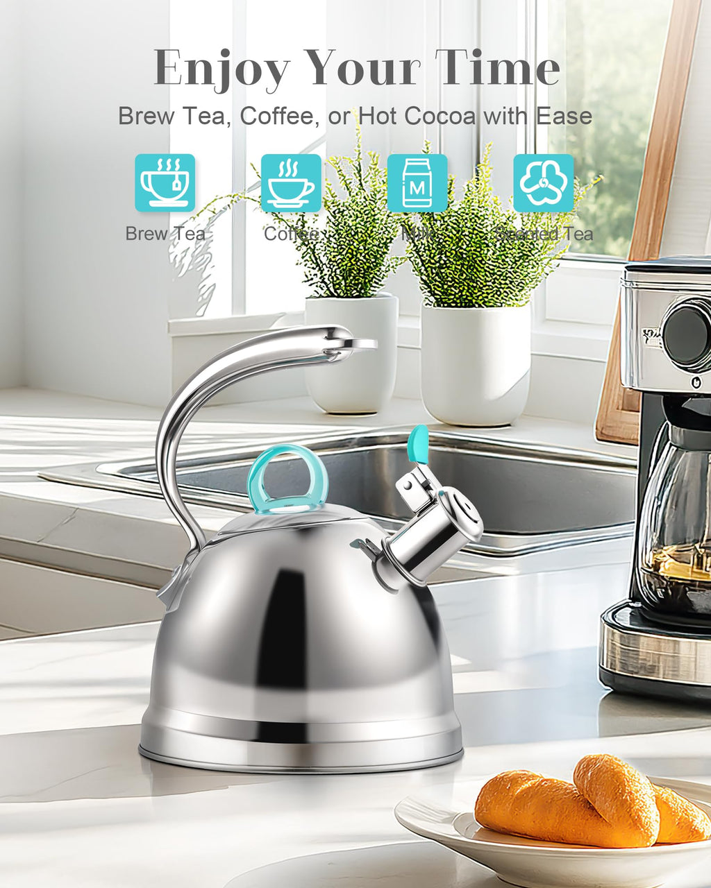 Harriet Tea Kettle Stovetop, 2.5 Quart Whistling Stainless Steel Tea Pot, 3-Layer Base, Unique Ergonomic Handle, Includes Pot Holder & Mat, Electric/Induction/Gas Stovetops Applicable, Mirror Finish