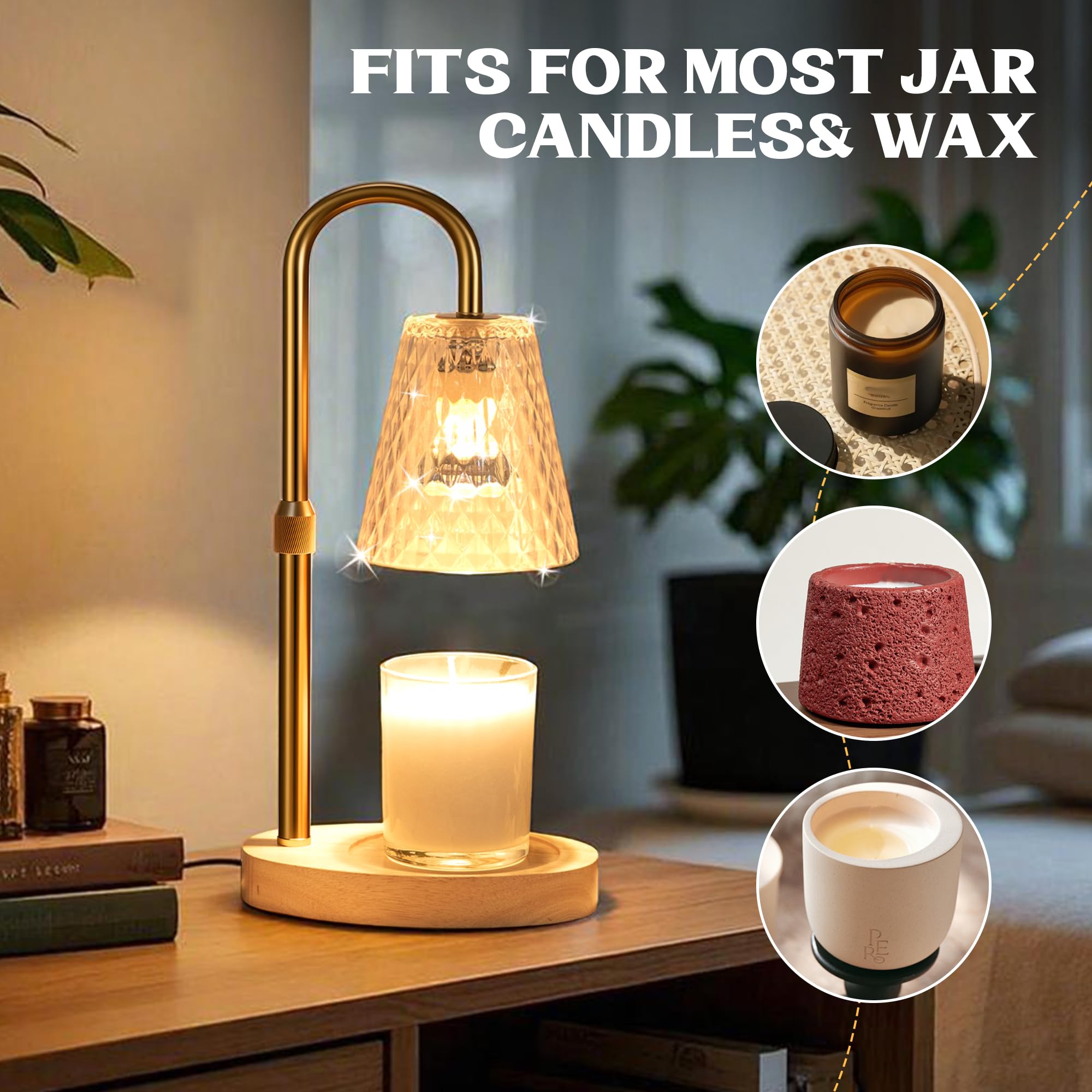 Candle Warmer Lamp with Timer - Adjustable Height Electric Wax Melter in Gold for Cozy Aesthetic Bedroom Home Decor Gift for Women Mother Friend Birthday Various Festivals