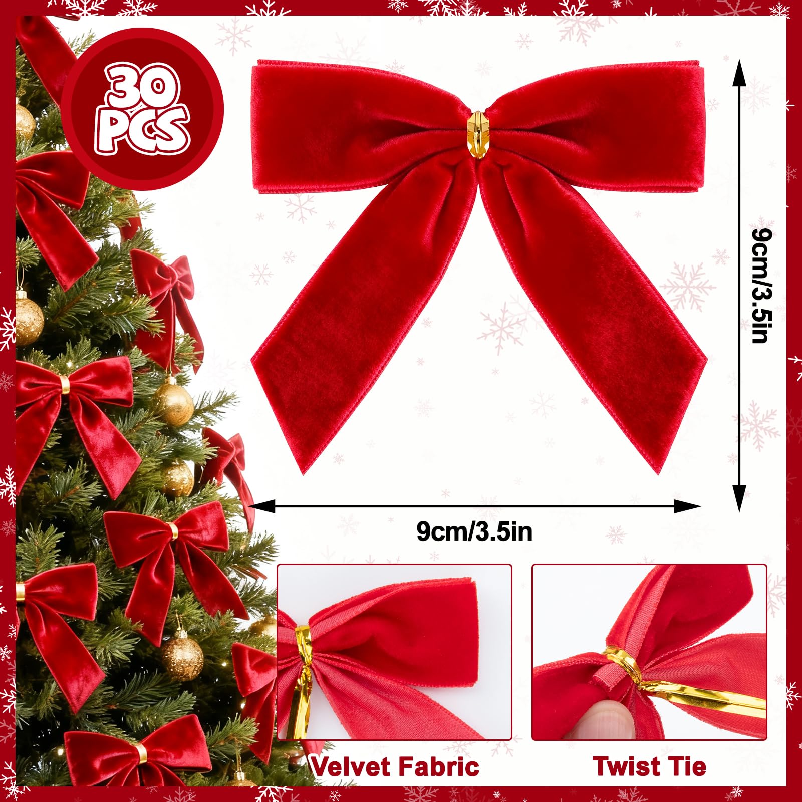 30PCs Red Bows for Christmas Tree, 3.5 x 3.5 Inch Red Velvet Bows Vintage Xmas Velvet Ribbon Bow Holiday Ornaments for Christmas Decoration Holiday Decor, Gift Wrapping and Wedding
