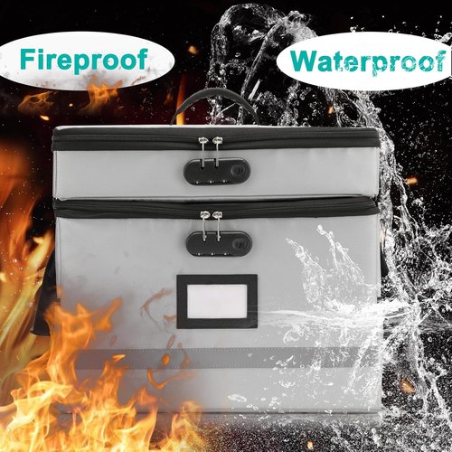 EXLIFBAG Portable Fireproof File Box - 2 Layer Document Organizer with Lock & Handle for Home Office