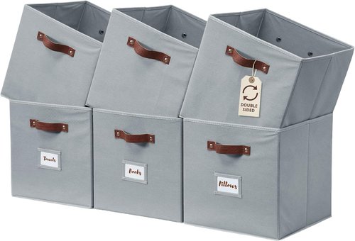 DECOMOMO Storage Cubes - 13x13x13 Fabric Organizer Bins with Labels | Set of 6 in Grey