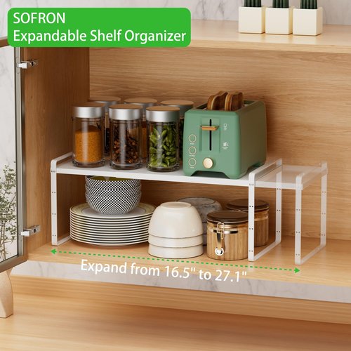 SOFRON Expandable Cabinet Storage Shelf Stackable Organizer Rack for Kitchen Bathroom Pantry Spice Cupboard Countertop Home Office Desk Heavy Duty Nonslip White Large 2 PACK