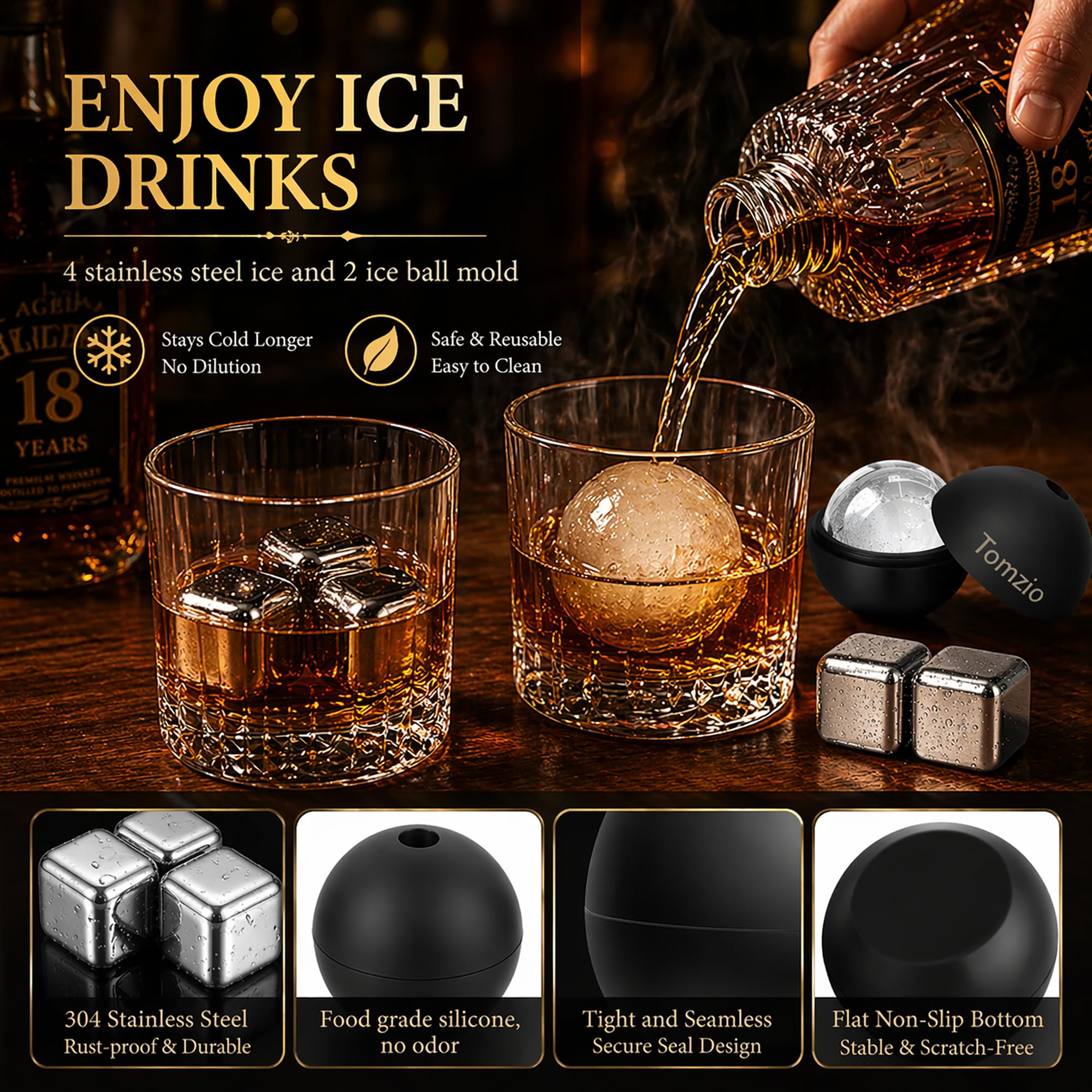 Electric Whiskey Smoker Kit, Torch-Free Rechargeable Cocktail Smoker with 7 Color Lights, All-in-1 Gift Set with 2 Wooden Whiskey Glasses, 10 Wood Chips, Ice Molds & Steel Cubes for Men, Dad