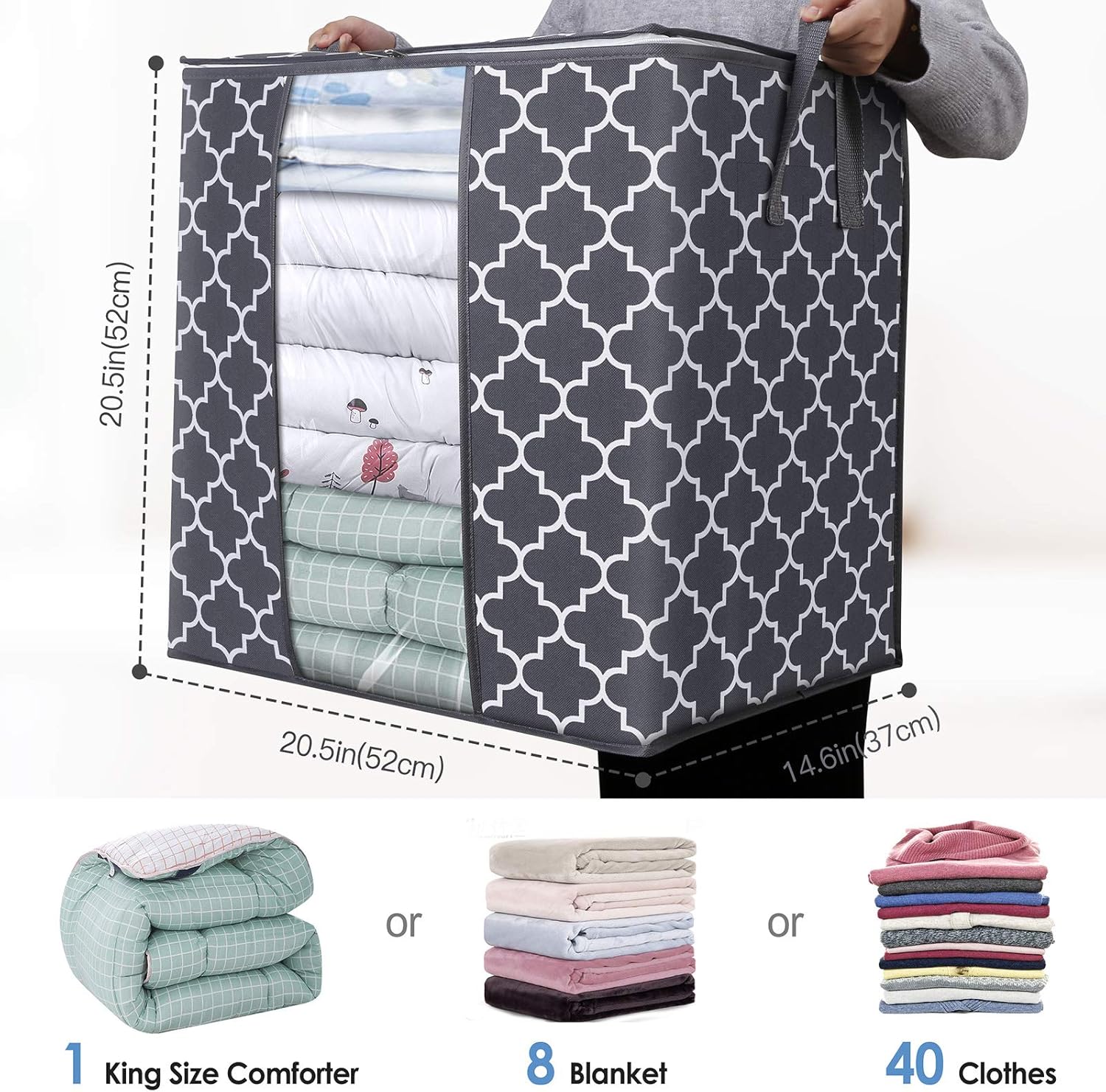 WISELIFE Storage Bags - Large 100L Blanket & Clothes Organizer | Foldable with Reinforced Handles & Clear Window - Gray (3 Pack)