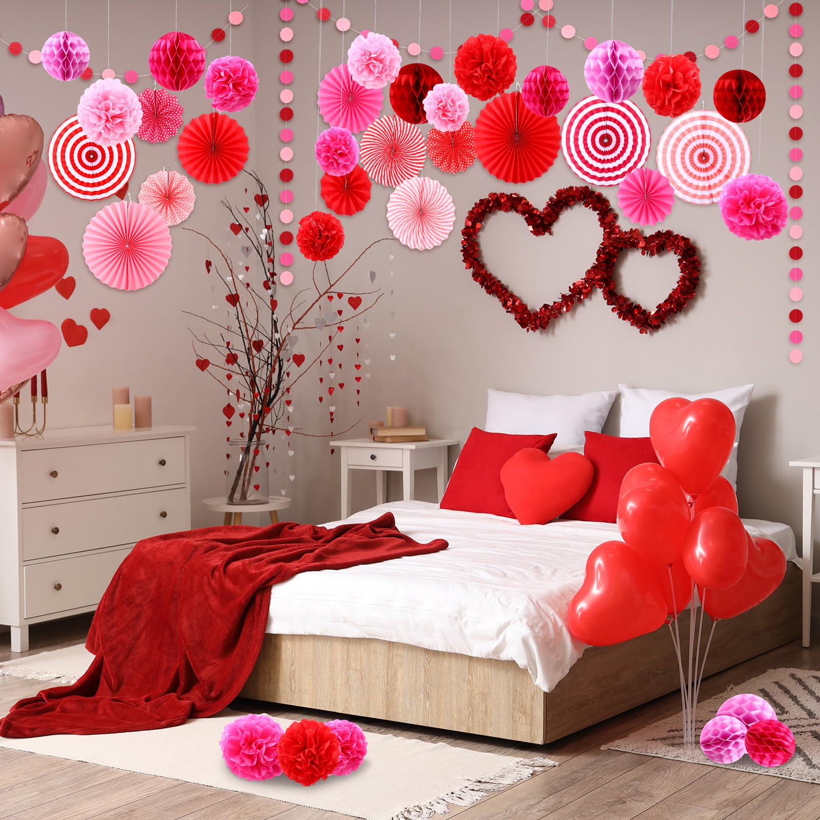 Epakh 50 Pcs Valentine's Day Decorations Paper Fans Valentine's Day Party Decoration Tassel Flowers Hanging Fans Garlands Red Pink Paper Poms Balls Streamer Decor for Wedding Birthday Bridal Shower