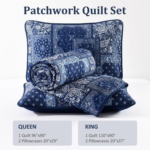 Cottolester Blue Patchwork Quilt Set Queen Size,Boho Navy Blue Quilt Set,Paisley Farmhouse Bedspread Soft Microfiber Bedding Set for All Season 96"x90"
