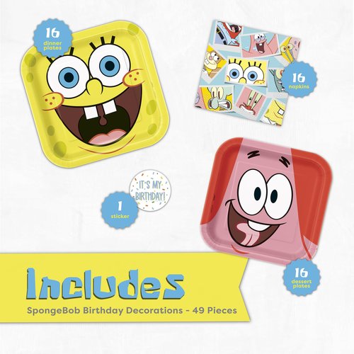 SpongeBob Plates and Napkins | SpongeBob Birthday Decorations for Party | Dinner and Dessert Plates and Napkins for 16 | Officially Licensed