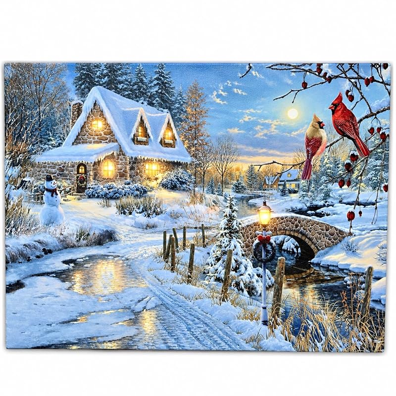 LED Wall Art - Snowy Cottage Scene with Cardinal birds, Snowman & Bridge (Variation 1) 11.75" x 15.75"