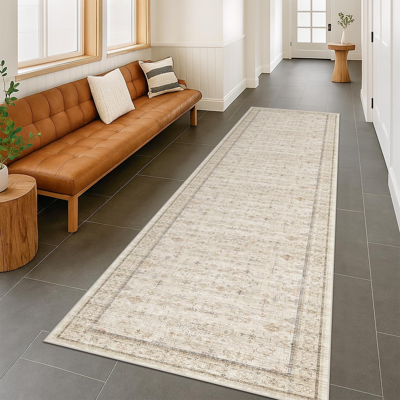 Regine Switzerland Extra Long Runner Rug - Non-Slip, Machine Washable, Soft Low Pile in Light Beige | Geometric Floral Design