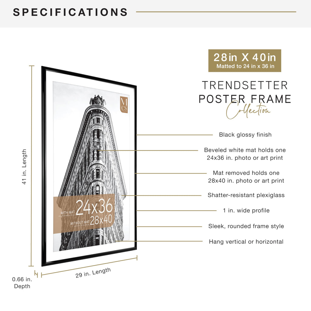 MCS Trendsetter 28x40 Poster Frame, Display Pictures 24x36 With Mat or 28x40 Without Mat, Vertical & Horizontal Wall Hanging Large Picture Frame for Photos & Posters, Black (1-Pack)