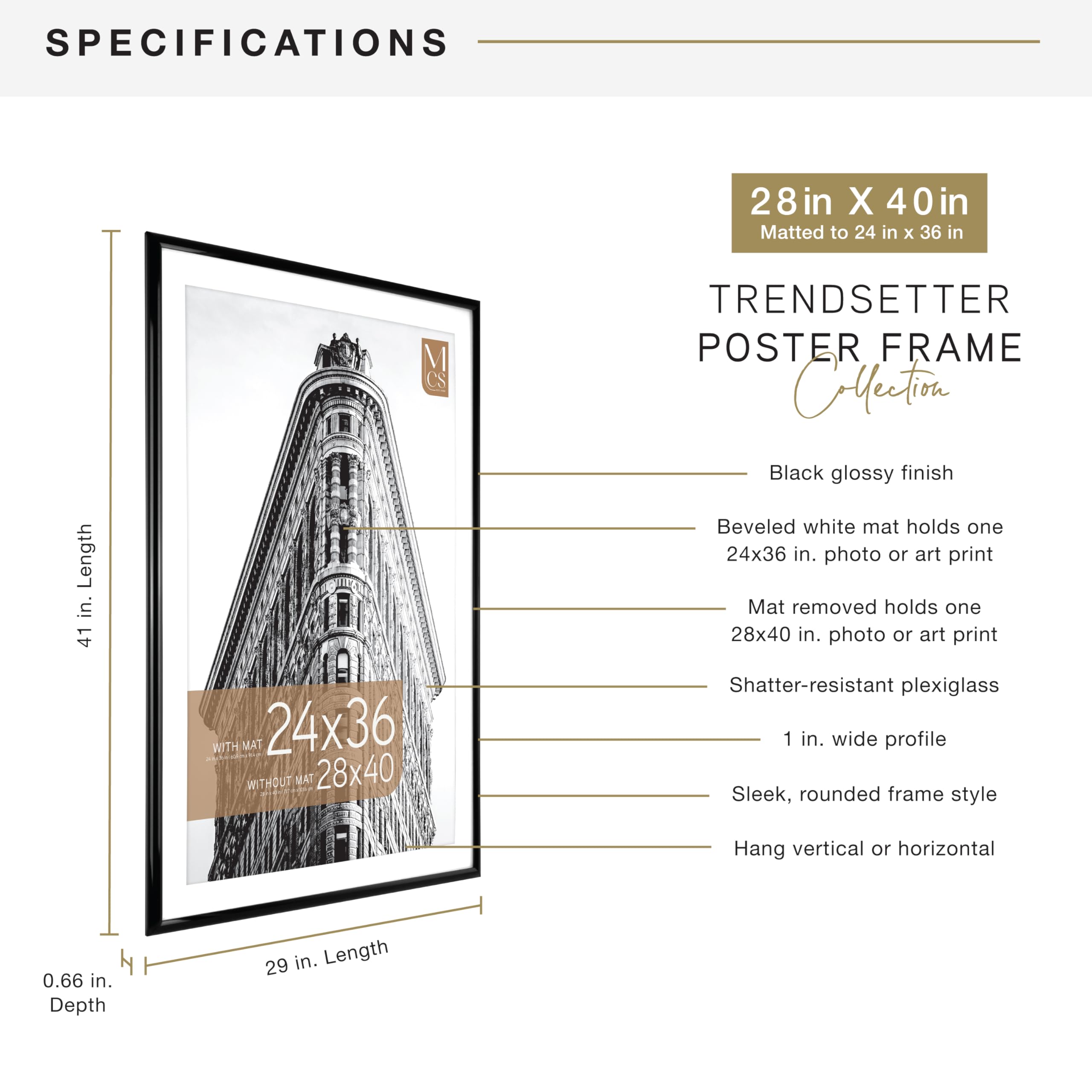 MCS Trendsetter 28x40 Poster Frame, Display Pictures 24x36 With Mat or 28x40 Without Mat, Vertical & Horizontal Wall Hanging Large Picture Frame for Photos & Posters, Black (1-Pack)