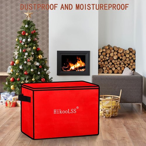 HikooLSS Christmas Ornament Storage Box - Holds 72 Ornaments, Adjustable Dividers, Double Zipper | Red