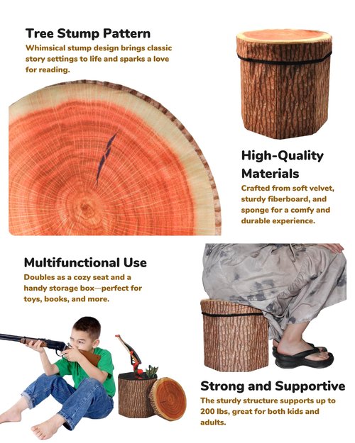 CHEFAN Fruit Storage Stool Ottoman,Tree Stump Stool, Cute Folding Storage Toy Box, Collapsible Seat Chest, Wood Stump Organizer Stool for Toy, Cloth and Kids